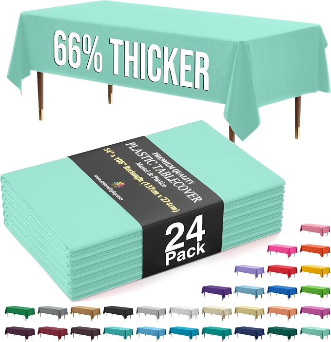 Exquisite 66% Thicker Premium Plastic Table Cloth Rectangle Table Cover 0.5 Mil 24 Pack Mint Table Cloth 54 Inch x 108 Inch Disposable Tablecloth Won't Tear Easily Like Cheap Thin Brands