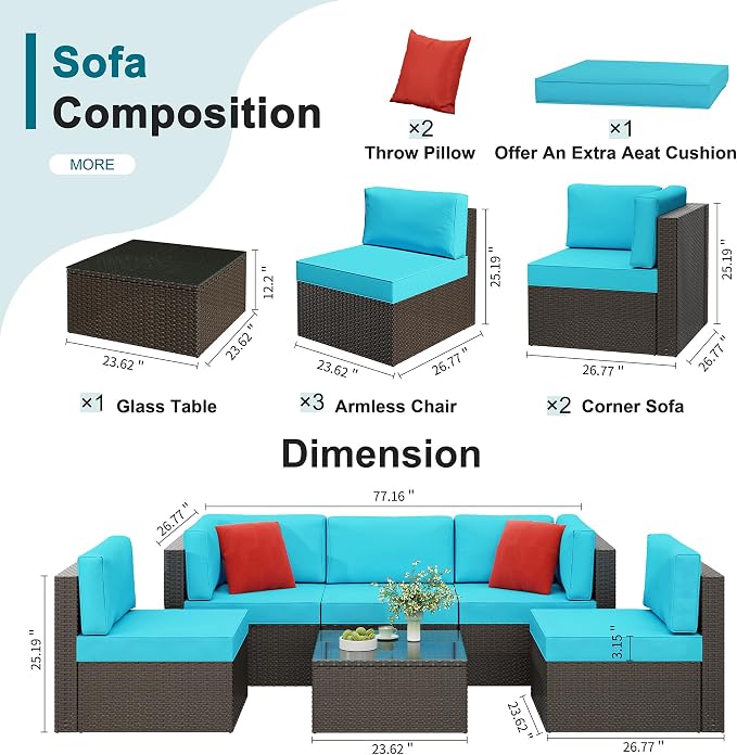 6 Pieces Patio Furniture Set Outdoor Couch Wicker Sectional Sofa, Blue