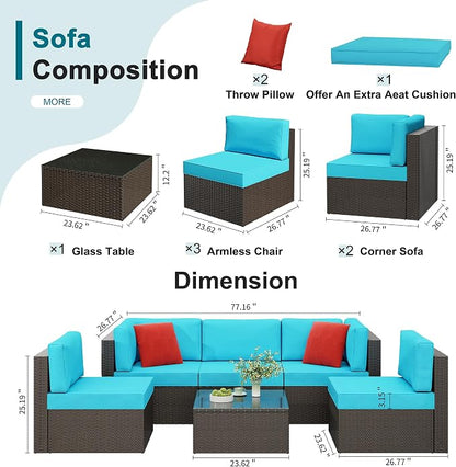 6 Pieces Patio Furniture Set Outdoor Couch Wicker Sectional Sofa, Blue