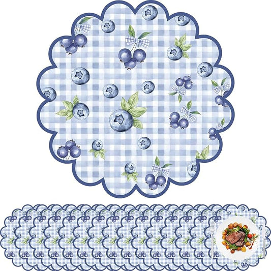 100 Pcs Blueberry Paper Placemats Blue Fruit Place Mats 13.5 Inch Disposable Round Decorative Dining Table Mats with Scalloped Edges for Spring Summer Birthday Bridal Wedding Party Supplies