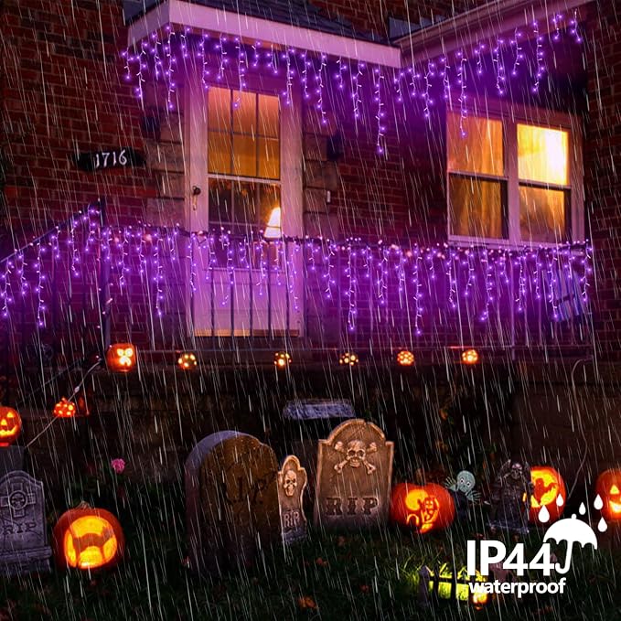 QITONG Purple Halloween Lights, 66ft 800 LED Icicle Lights for Outside Plug in, Clear Wire Connectable String Light Indoor with 8 Modes