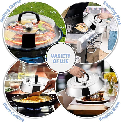 12 Inch Cheese Melting Dome Set of 2, Joyfair Basting Cover for Griddle Grilling Outdoor Camping/Flat Top Teppanyaki, Stainless Steel Lids with Heat-Proof Handle, Dishwasher Safe (with Thermometer)