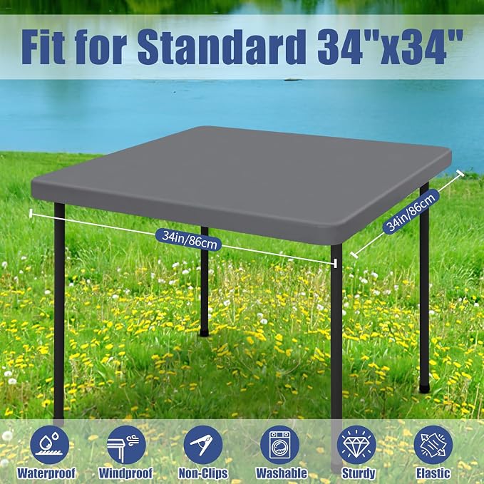 Moosfor Spandex Square Table Cloth, Elastic Fitted Tablecloths for Picnic, Stretch Washable Patio Table Cover for Outdoor, Camping, Banquet and Parties (Grey, 34"x34")