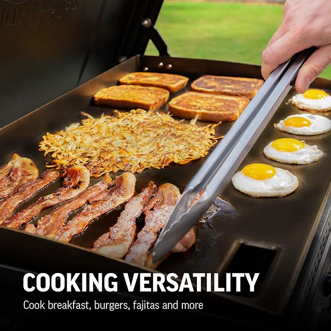Char-Griller® Flat Iron 2-Burner Propane Gas Flat-Top Griddle with Steel Griddle Top, Wind Guards and Removable Lid, 520 Cooking Square Inches in Black, Model 8128