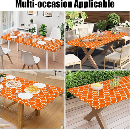 Smiry Picnic Fitted Table Cover, 8 Foot Flannel Backed Vinyl Tablecloth | Waterproof Elastic Stretch Table Cloth, Wipeable Plastic Tablecloth for Camping, Indoor & Outdoor (Orange, 30" x 96")