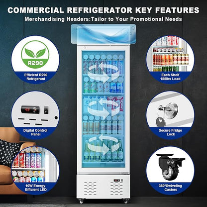 22.8'' W Commercial Beverage Refrigerator, 11 Cu.Ft Glass Door Drink Cooler with Soft Light and 5 Shelves, Display Refrigerator for Restaurant Store Cafe Bar, White