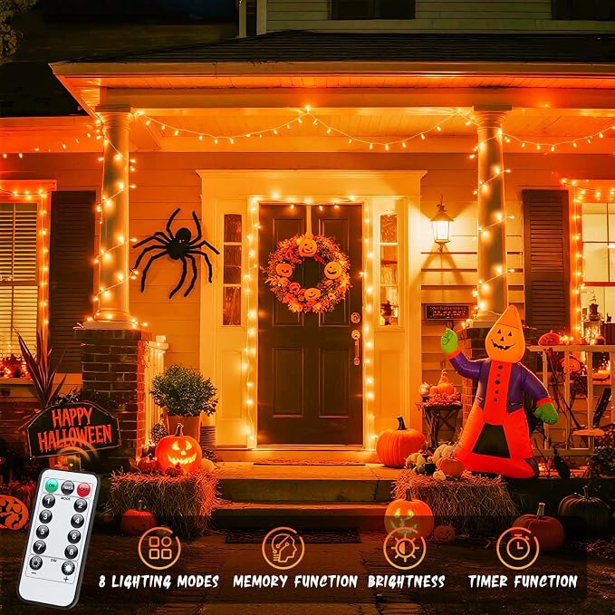 JMEXSUSS 33FT 100 LED Orange Lights for Halloween, Battery Operated | Halloween Lights Outdoor Indoor, 8 Modes Remote String Lights for Yard Tree Front Porch Room House Fence Xmas Decor