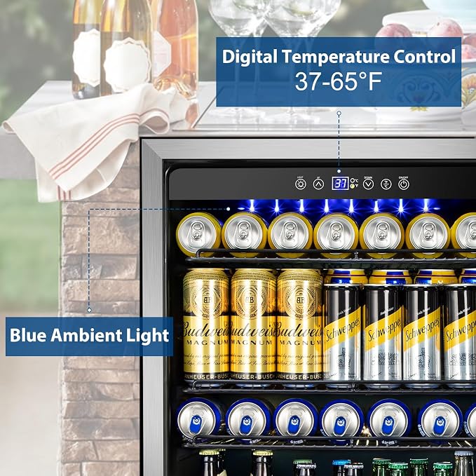 FoMup Outdoor Refrigerator 24 Inch, Undercounter Beverage Fridge with Wheels, 180 Cans Waterproof Stainless Steel Fridge for Outdoor Kitchen and Patio