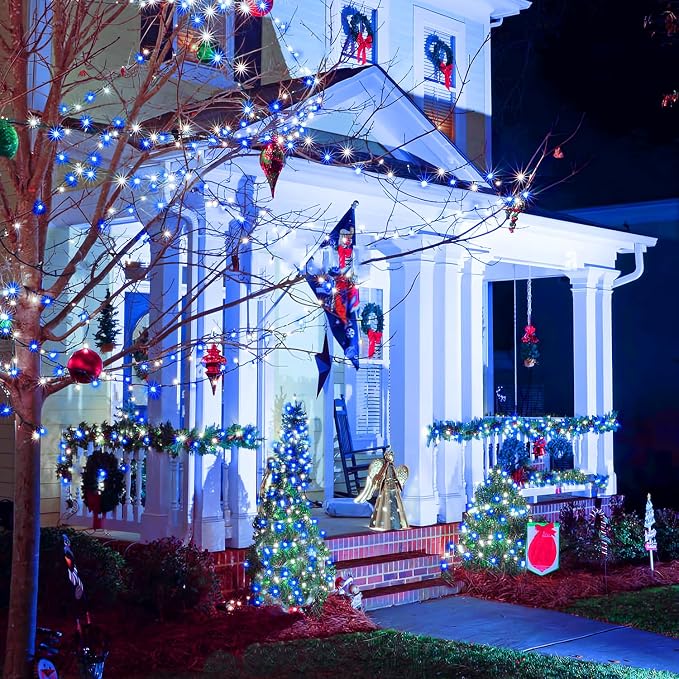 JMEXSUSS 66ft 200 LED Blue and White Christmas Lights, String Light Plug in | Connectable, Waterproof, 8 Moedes Green Wire Christmas Lights for Tree Party Home Indoor Outdoor Decorations