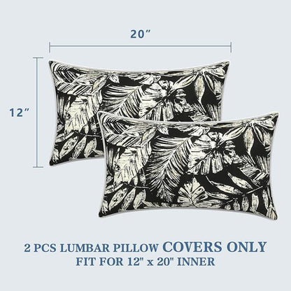 LVTXIII 2 Pack Outdoor Lumbar Pillow Covers 12x20 Inch with Piping, Water-Repellent Back Cushion Covers ONLY for Patio Furniture, Sofa, Garden Bench, Tropical Leaf Black