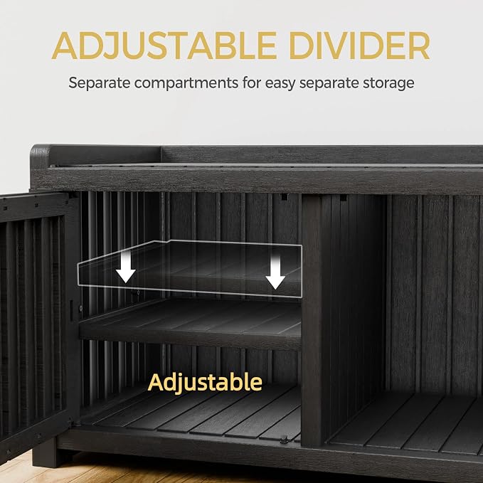 2-Tier Storage Bench, 2 Doors Waterproof Resin Shoe Bench with Adjustable Shelves - Entryway Bench with Seating, Indoor & Outdoor Use for Bedroom, Hallway, Living Room, Black