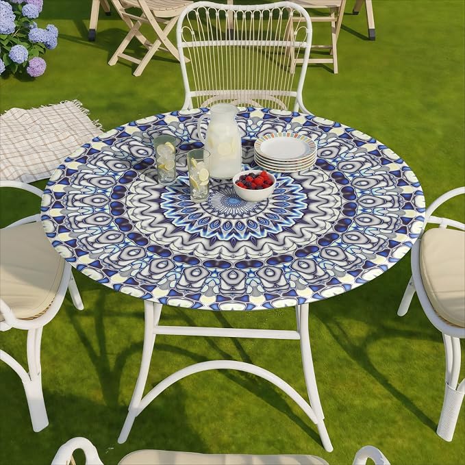 opstellen Fitted Round Tablecloth Wipeable Table Cloths Vinyl Indoor Outdoor Circle Covers for 36-44inch Table Dining Living Room Home Must Haves Gifts Summer Fall Patio Picnic Camping Garden Stuff