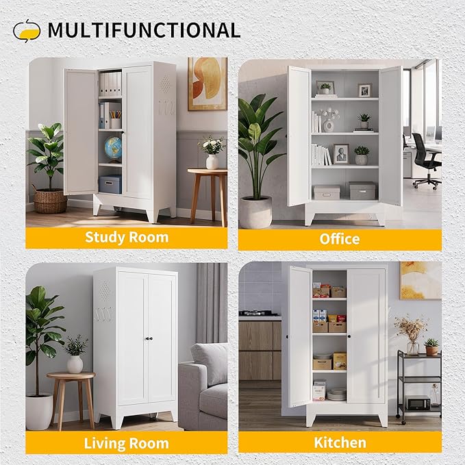 Metal Pantry Cabinet, Kitchen Pantry Storage Cabinets with 2 Doors and 3 Adjustable Shelves, White Kitchen Pantry Cabinet for Dining Room, Living Room, Assemble Required (White)