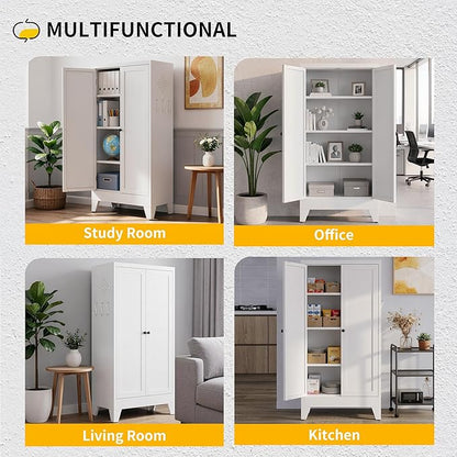 Metal Pantry Cabinet, Kitchen Pantry Storage Cabinets with 2 Doors and 3 Adjustable Shelves, White Kitchen Pantry Cabinet for Dining Room, Living Room, Assemble Required (White)
