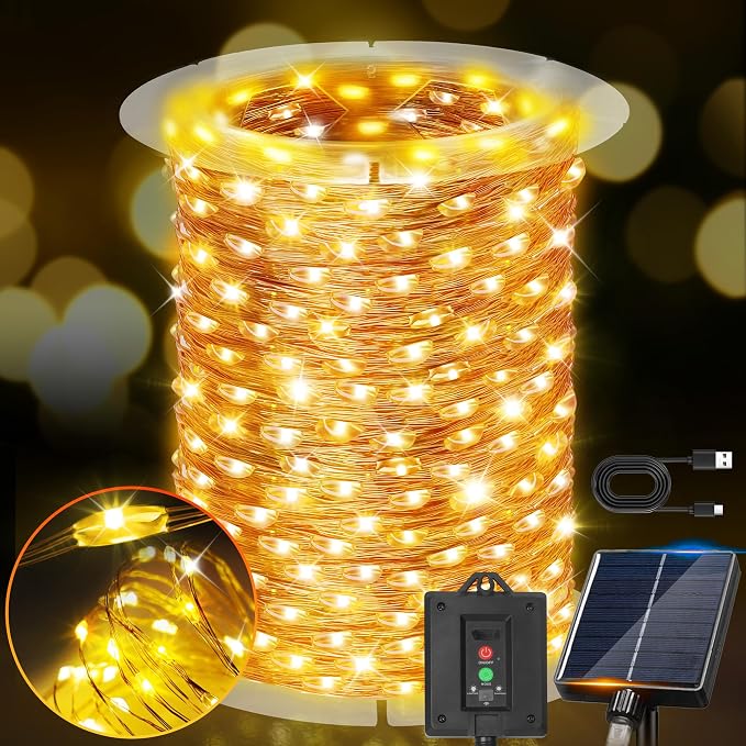 KNONEW 203FT 600LED Solar Fairy String Lights Outdoor Warm White 8 Modes | 8 Modes IP44 Waterproof Copper Wire Extra Long for Garden Patio Yard Christmas Wedding Party Indoor Outdoor