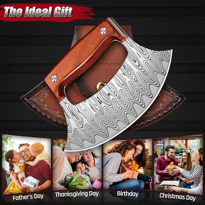 ROCOCO Pizza Cutter Ulu Knife – Full Tang Mezzaluna Rocker Chopper with Sheath for Kitchen, Camping, BBQ, Gifts for Men Women