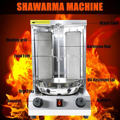 YOOKTEN Shawarma Grill Machine Gas Chicken Shawarma Cooker Machine Propane Doner Kebab Gyro Grill Machine with 2 Burner and Meat Catch Pan for Kitchen Restaurant