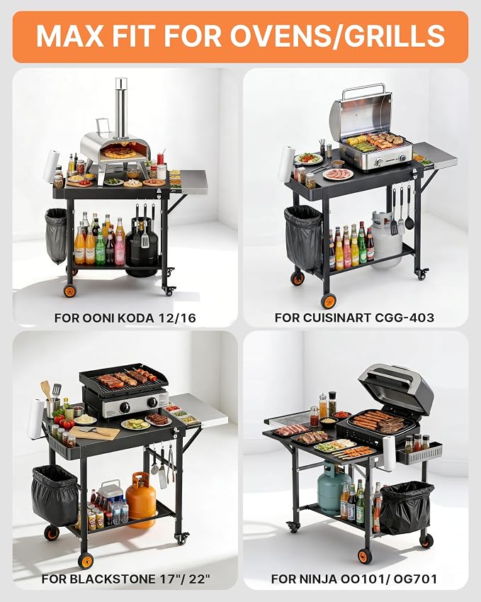 Outdoor Pizza Oven Table, Portable Pizza Oven Cart with Topping Station, Heavy Duty Grill Cart Table with Pizza Prep Station with Storage, Fit Ninja Cuisinart Gozney and Blackstone Griddle