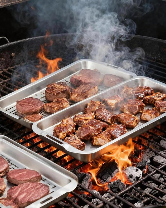 VIKEYHOME Grill Carry System, 6-Piece Stainless Steel Large Food Prep Tray, 16.5" x 11" Pan, Outdoor Grill with Cooling Rack for Vegetables, Fish, Meat, Great Grilling Gifts for Men