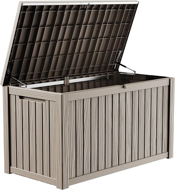 PatioZen 200 Gallon Deck Box, Outdoor Storage Box, Outdoor Storage Box for Cushions, Garden Tools, Furniture Storage,Waterproof, Lockable and Resin,Grey