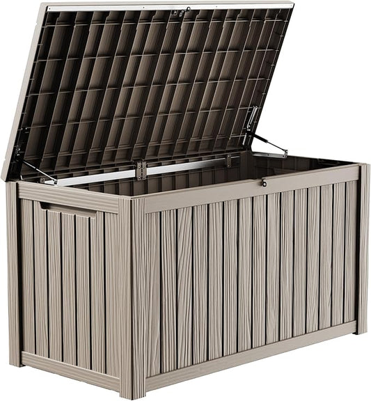 PatioZen 200 Gallon Deck Box, Outdoor Storage Box, Outdoor Storage Box for Cushions, Garden Tools, Furniture Storage,Waterproof, Lockable and Resin,Grey