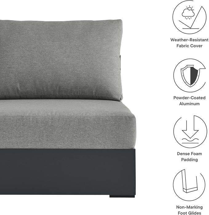 Modway Tahoe Aluminum Armless Patio Gray Modular Weather-Resistant Cushions-Perfect as Club Outdoor Lounge Chair