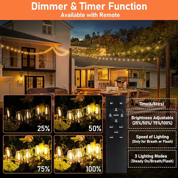 50 FT Solar Powered Outdoor String Lights with 26 Shatterproof Edison Bulbs | Solar String Lights for Outside, Dimmable Patio Lights Waterproof with Remote Timer for Wedding Backyard(Warm White)
