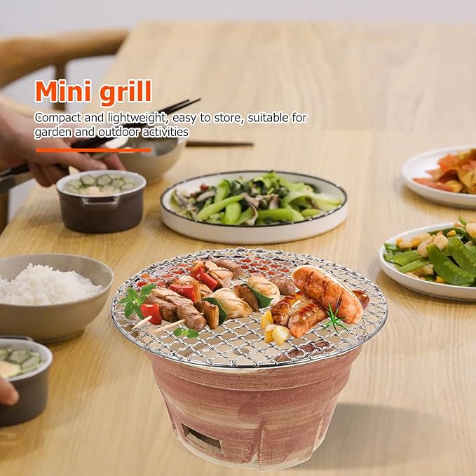 Mini Ceramic Charcoal Barbecue Stove with Grill Net, Portable Korean Style Pottery Bbq Oven for Camping and Household Use, Brown Charcoal Grill Set Color