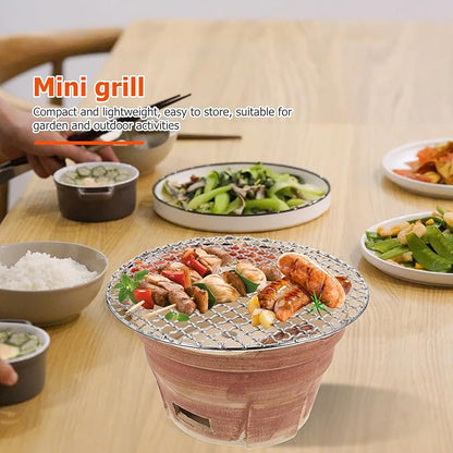 Mini Ceramic Charcoal Barbecue Stove with Grill Net, Portable Korean Style Pottery Bbq Oven for Camping and Household Use, Brown Charcoal Grill Set Color