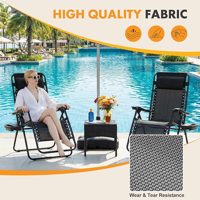 NEWBULIG Zero Gravity Chair Set of 2, Lounge Chair Folding Portable Adjustable Camping Reclining Chairs with Adjustable Pollow, Mesh Back, Cup Holder Trays Lawn Patio Chair for Pool Beach