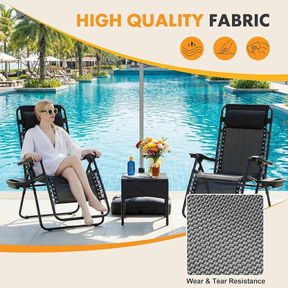 NEWBULIG Zero Gravity Chair Set of 2, Lounge Chair Folding Portable Adjustable Camping Reclining Chairs with Adjustable Pollow, Mesh Back, Cup Holder Trays Lawn Patio Chair for Pool Beach