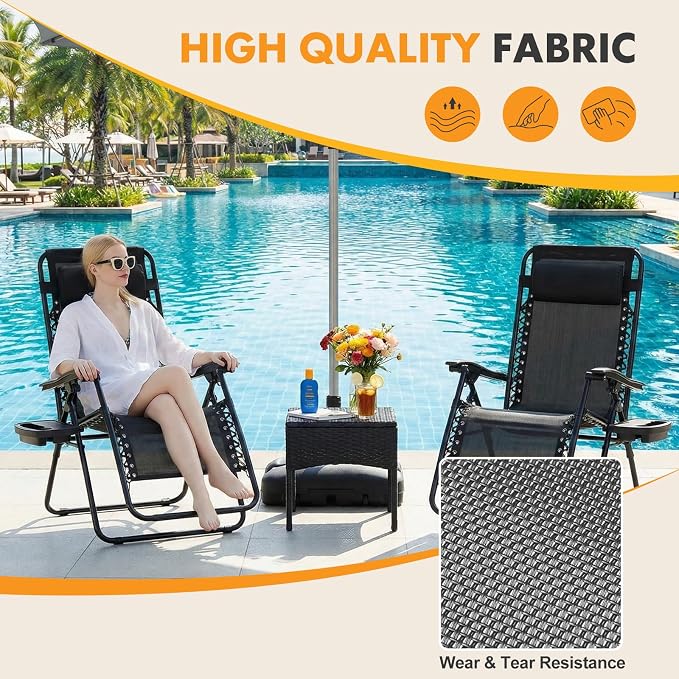Zero Gravity Chair Set of 2, Adjustable Folding Reclining Lounge Chairs with Mesh Back, Adjustable Pillows & Cup Holder Trays, Outdoor Patio Lawn Chairs for Pool, Beach & Camping, Black