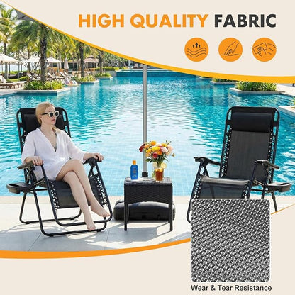 Zero Gravity Chair Set of 2, Adjustable Folding Reclining Lounge Chairs with Mesh Back, Adjustable Pillows & Cup Holder Trays, Outdoor Patio Lawn Chairs for Pool, Beach & Camping, Black