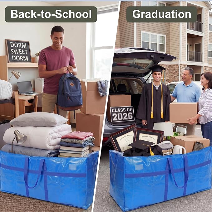 4 Pcs 96 Gallon Extra Large Moving Bags Heavy Duty Storage Bag with Strong Zipper Handle Foldable XXL Jumbo Storage Tote Packing Moving Box for College Dorm Travel Cloth Duffle (Blue)