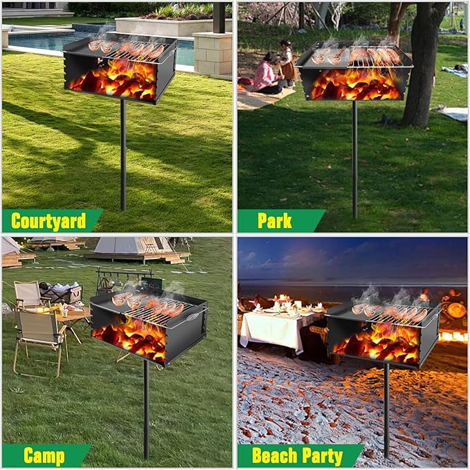 Park Style Charcoal Grill Heavy Duty, Outdoor BBQ Grill with Grate, Park Grill for Backyard, Camping, Commercial Use, Small Charcoal Grills for Outdoor Park (25'' L x 17'' W x 11'' H)