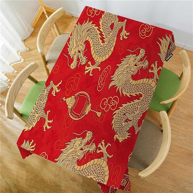 Swono Dragon Rectangle Tablecloth Traditional Flying Mascot Animal Chinese Dragons Red Table Cloth Dining Table Cover for Home Kitchen Restaurant Party Buffet Picnic, 52x70 Inch