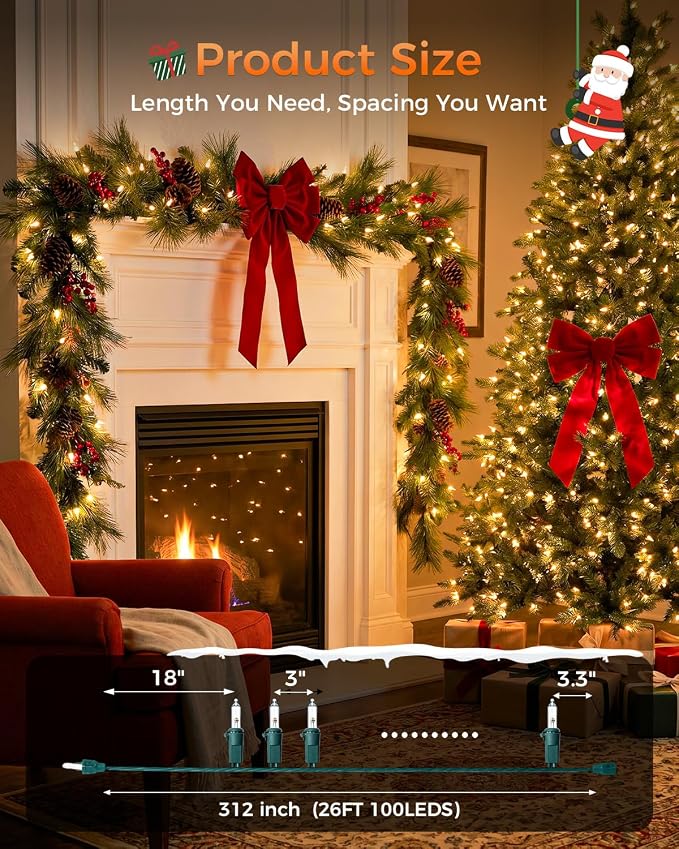 Clear Christmas Lights Warm White, 100 LED 26FT, LED Bulbs | 30000+hrs Long Lifespan, UL Approved, Waterproof Mini String Lights for Outdoor Indoor Christmas Tree Garland Patio Holiday