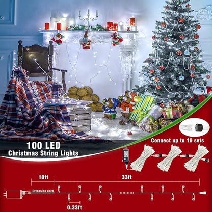 33ft 100 LED Christmas Lights Outdoor - 8 Modes Christmas String Lights Clear Wire Waterproof Plug in Twinkle Fairy String Lights for Indoor Outdoor Home Party Garden Decoration, Cool White