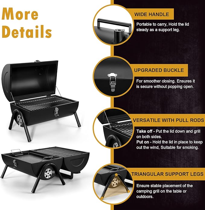 Portable Charcoal Grill with Thermometer & Small Tabletop Barbecue Grill, Joyfair Barbecue Grill for Outdoor Camping Backyard Party BBQ, Small Grill with Food Tray & Rack (2 IN 1 Double-Sided)