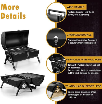 Portable Charcoal Grill (2 IN 1 Double-Sided) & Charcoal Chimney Starter with Clamp Set, Joyfair Small Tabletop Barbecue Grill with Food Tray & Rack, BBQ Grill Fire Starter for Outdoor Camping