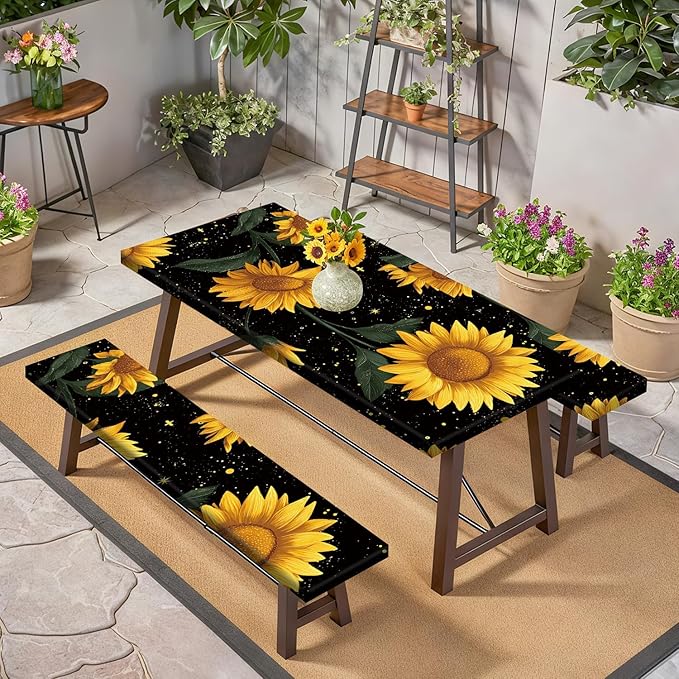 Picnic Table Cover with Bench Covers Sunflower, Waterproof Windproof Elastic Fitted Tablecloth for 6FT Rectangle Tables, Outdoor Camping Patio Garden BBQ Table Cover Set