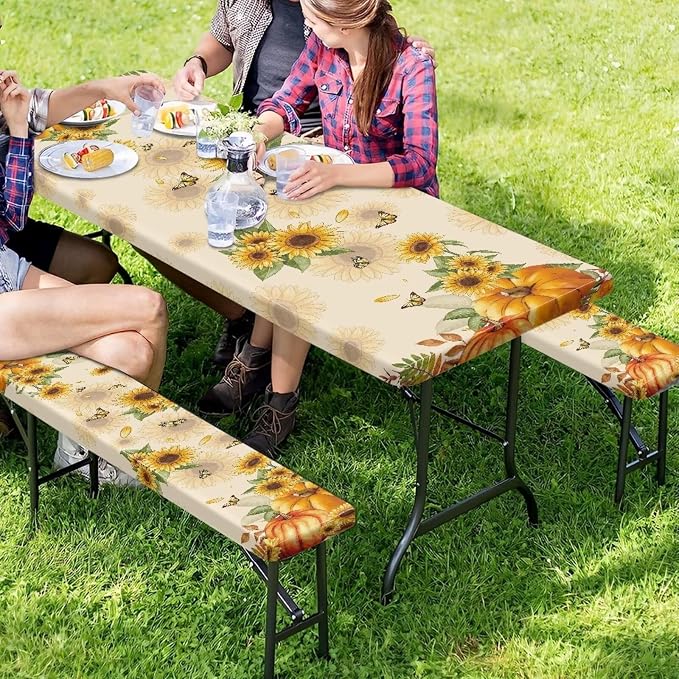 Thanksgiving Elastic Fitted Table Cloth for Outdoor Camping Pumpkin Sunflower Butterfly Camping Table Cloth for Picnic Table 3 PCS Set