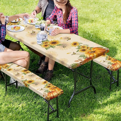 Thanksgiving Elastic Fitted Table Cloth for Outdoor Camping Pumpkin Sunflower Butterfly Camping Table Cloth for Picnic Table 3 PCS Set