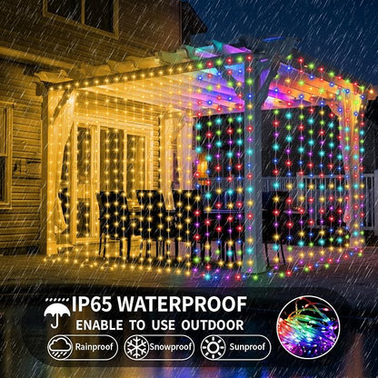 Solar Curtain Lights Outdoor 10x10Ft 300LED Multicolor Warm White Dual Color Changing Curtain Light with Dimmable Waterproof Remote Timer Memory for Christmas Weddings Party Gazebo