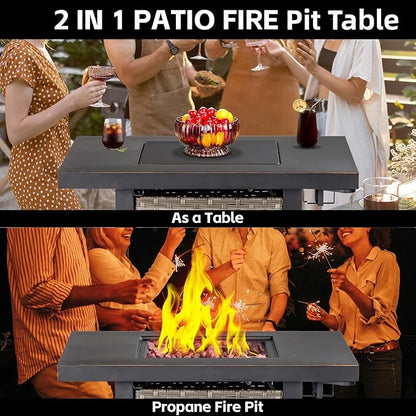 OutVue 32 Inch Propane Fire Pit Table, Outdoor Gas Fire Pits with 2 Drink Holders, Lid & Lava Rock, 50000 BTU Firepit Table for Dinning, Party in Outside, Patio, Garden or Yard