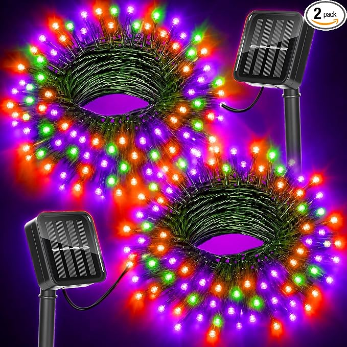 Halloween Lights Outdoor Solar String Lights Waterproof for Halloween Decorations, Total 100LED 45FT for Garden Yard Pathway Fence, Orange Purple Green 8 Modes 50LED x 2 Packs