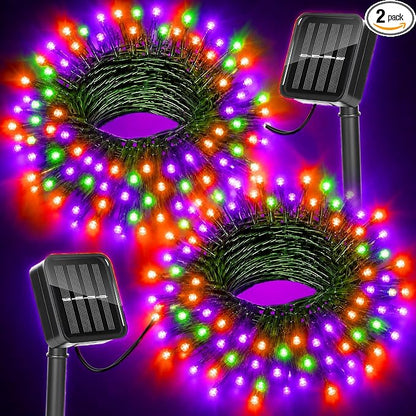Halloween Lights Outdoor Solar String Lights Waterproof for Halloween Decorations, Total 100LED 45FT for Garden Yard Pathway Fence, Orange Purple Green 8 Modes 50LED x 2 Packs