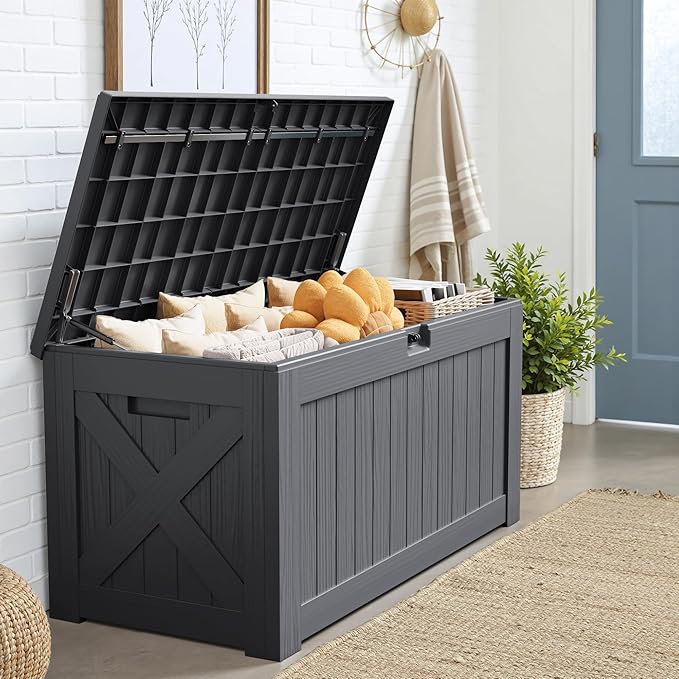 JUMMICO 120 Gallon Resin Deck Box, Large Outdoor Storage Box Waterproof & Lockable for Garden, Patio, Pools (Gray)