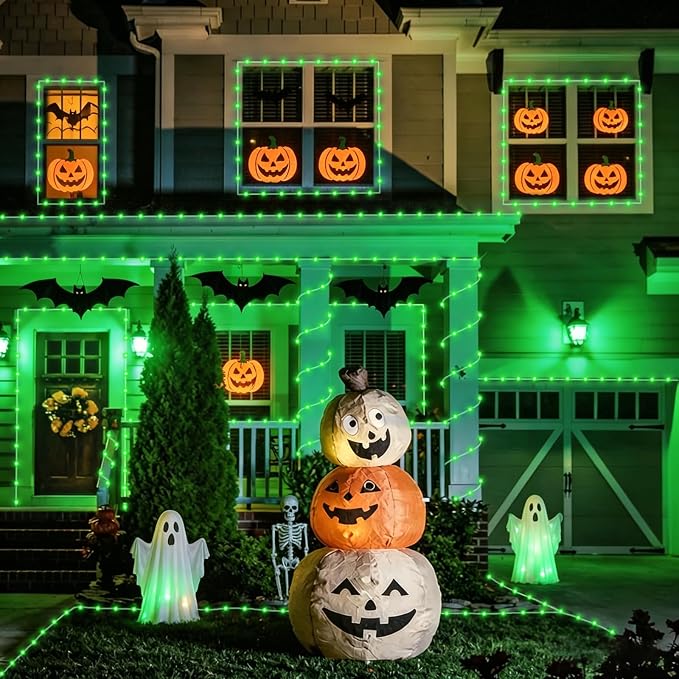 YEGUO Green Solar Halloween Lights, 66ft 200 LED Solar Rope Lights Outdoor Waterproof, 8 Modes Fairy Lights in Clear Thin Tube