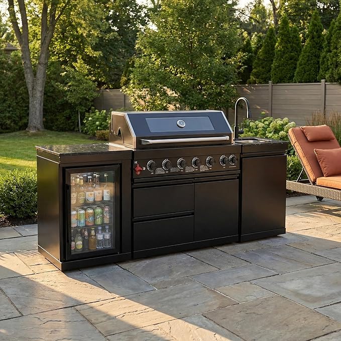 82" Outdoor Kitchen Island,6-Burner Propane Grill – Stainless Steel with Rotisserie Oven,Refrigerator,Granite Countertops & Sink.BBQ Grill Total 85,000 BTU.(Black,Propane)